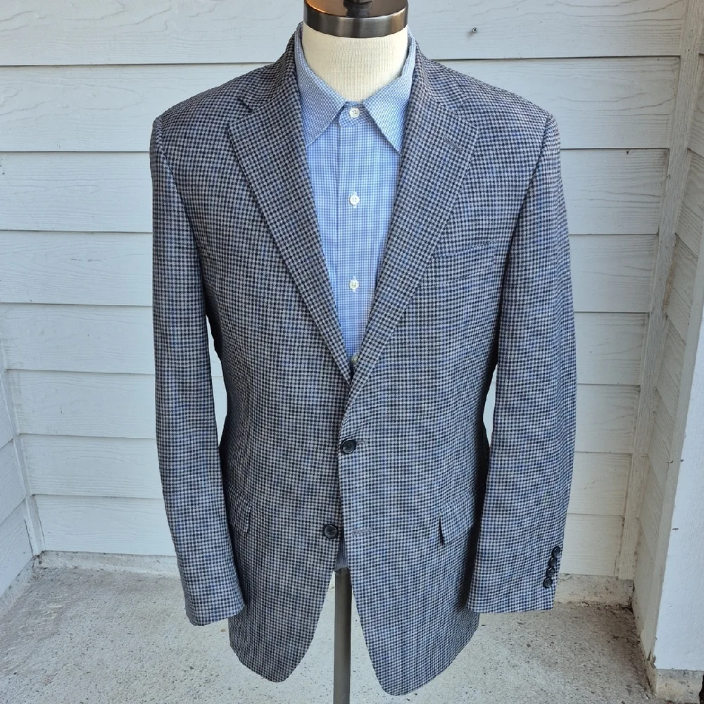 HART SCHAFFNER MARX Blue Grey Black‎ Plaid Wool Blend Sz 40 R Mens Sport Coat